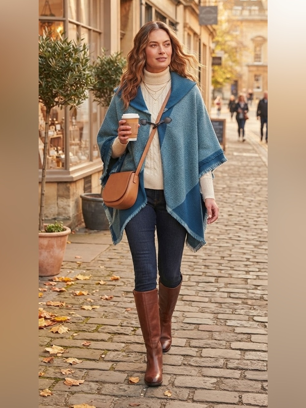 CLEO Hooded Blue/Teal Knit Poncho with Toggle Closure.